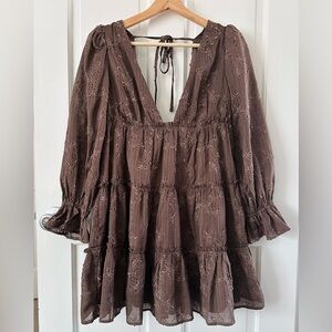 STORIA Brown Tiered Babydoll Mini Dress Long Sleeve Embroidered Floral Size S